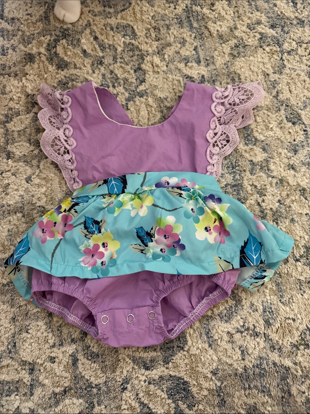 Girls Floral Ruffle One-Piece Bodysuit - Purple & Aqua
